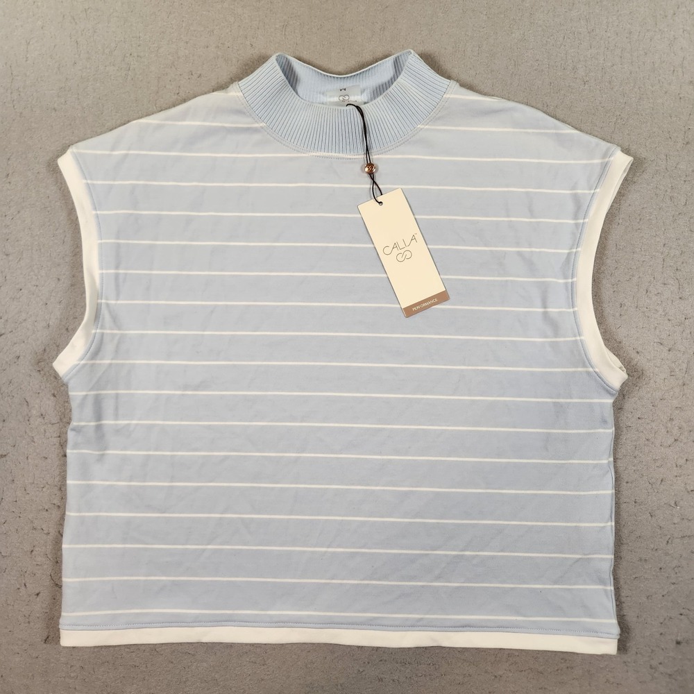 Calia Top Medium Crop Mock Neck Knit Blue White Striped NWT
